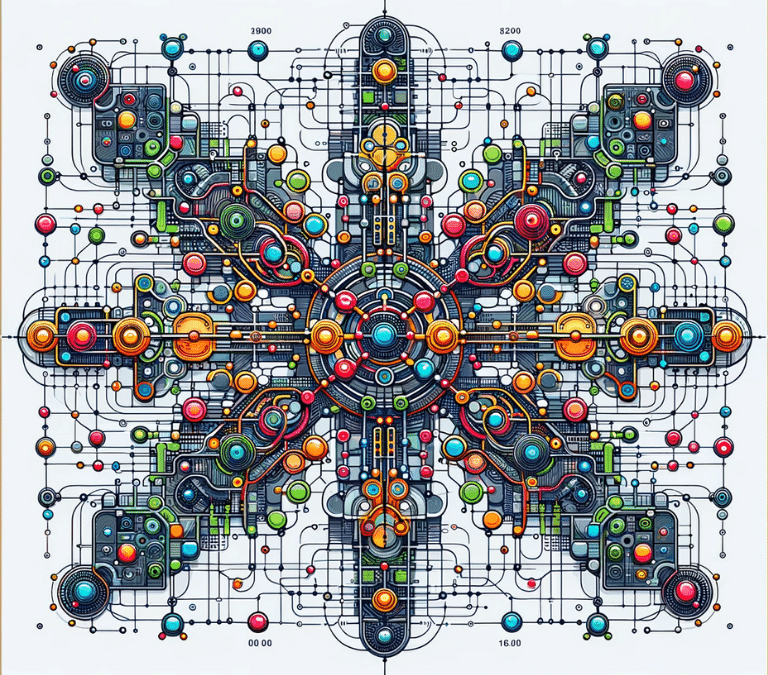 A colurful printed circuit-like diagram of an AI neural network, as visualised by ChatGPT 4