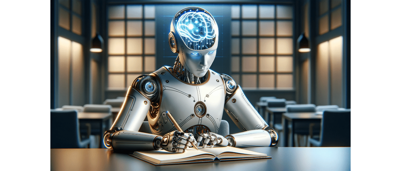 A high tech robot with part of the artificial brain exposed, taking notes in a paper notebook.